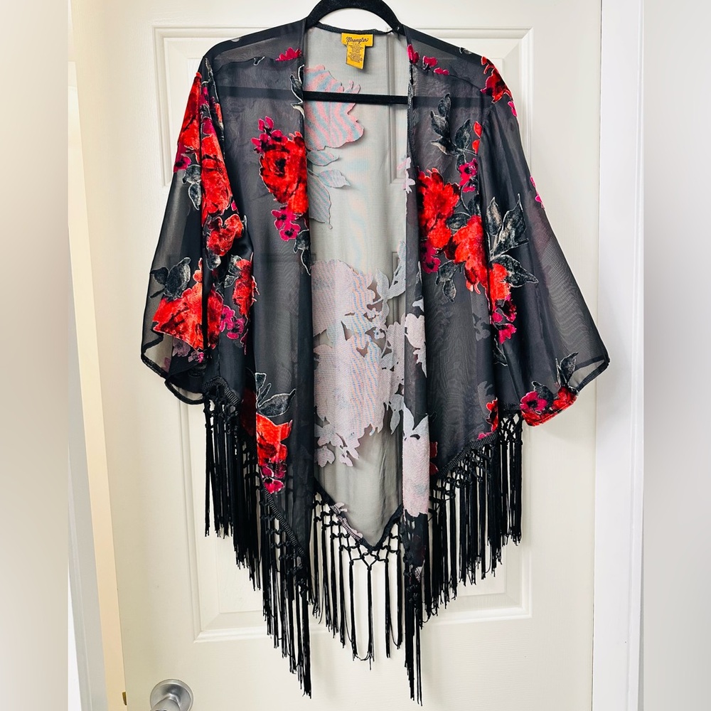 Wrangler Boho Sheer Velvet Rose Kimono Wrap with Black Trim Fringe L - Picture 5 of 10